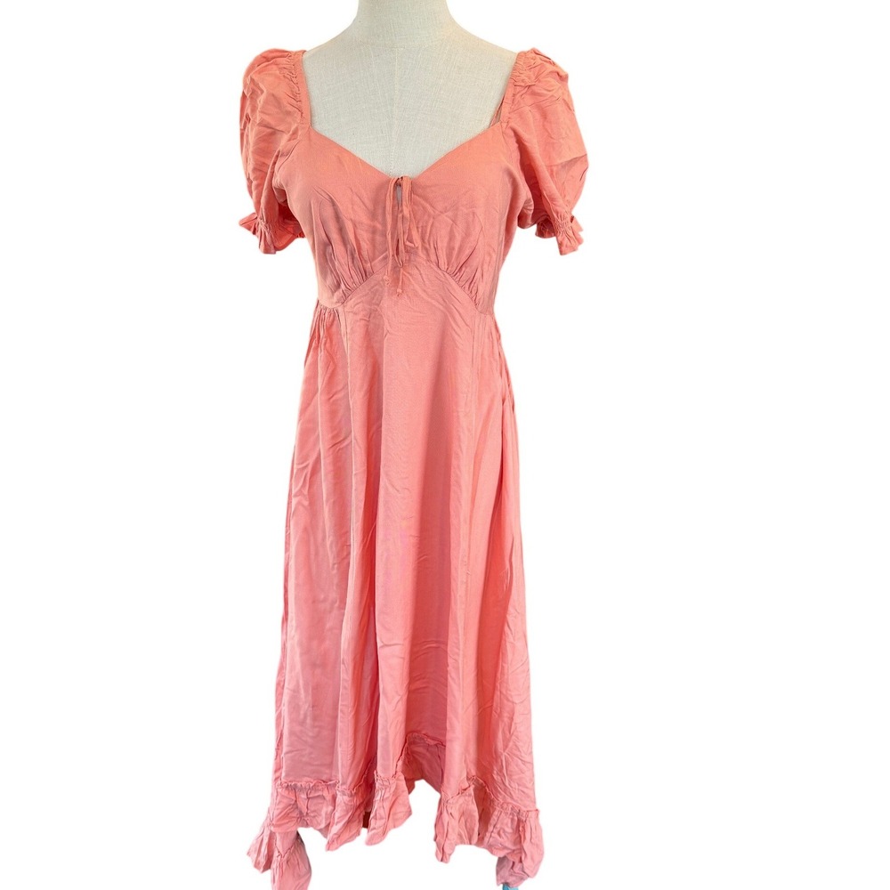 Patrons of Peace Coral Pink Puff Sleeve Midi Dress Small Boho Cottagecore NWT